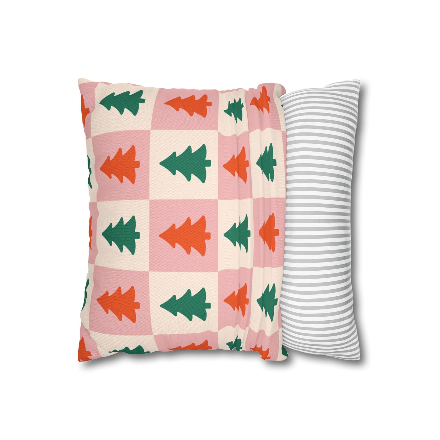 Square Pillowcase - Christmas Tree Checkered Throw Pillow - Pink & White Holiday Cushion