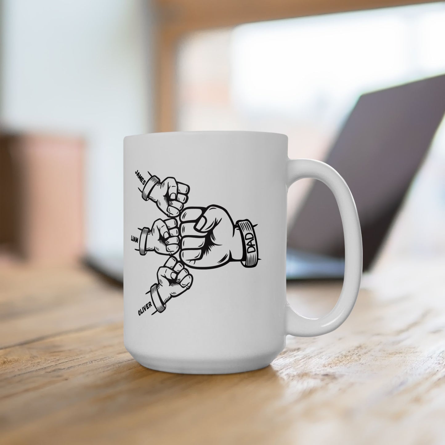 Dad Fist Bump Ceramic Coffee Mug – Personalized Children Names, Father’s Day Gift, 11oz & 15oz