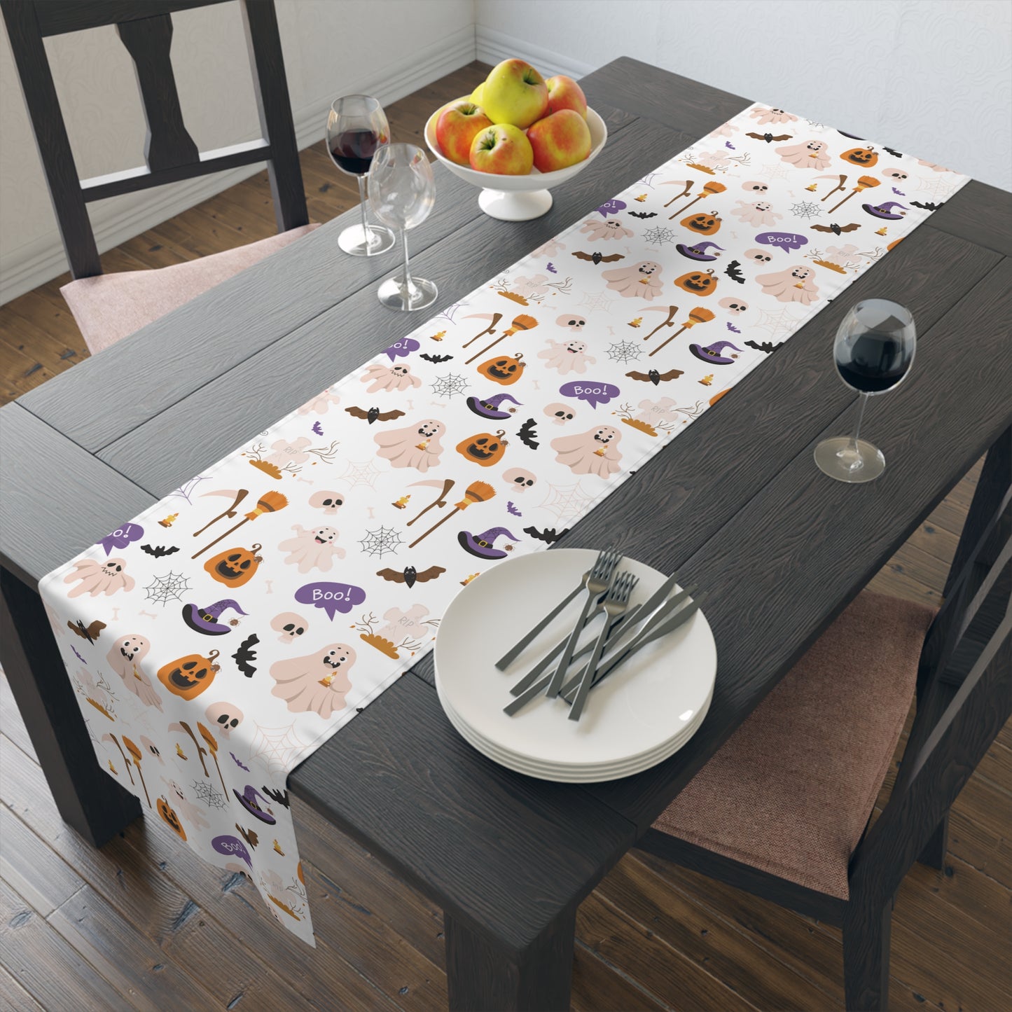 Halloween Icons & Boo! Table Runner – Festive Spooky Trick-or-Treat Decor