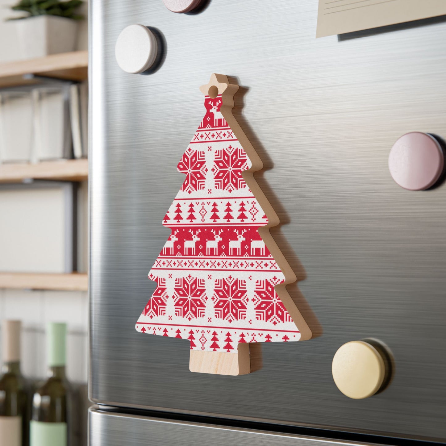 Nordic Bell-Shaped Wooden Ornament – Red & White Reindeer Pattern – Magnetic Holiday Decor with Ribbon