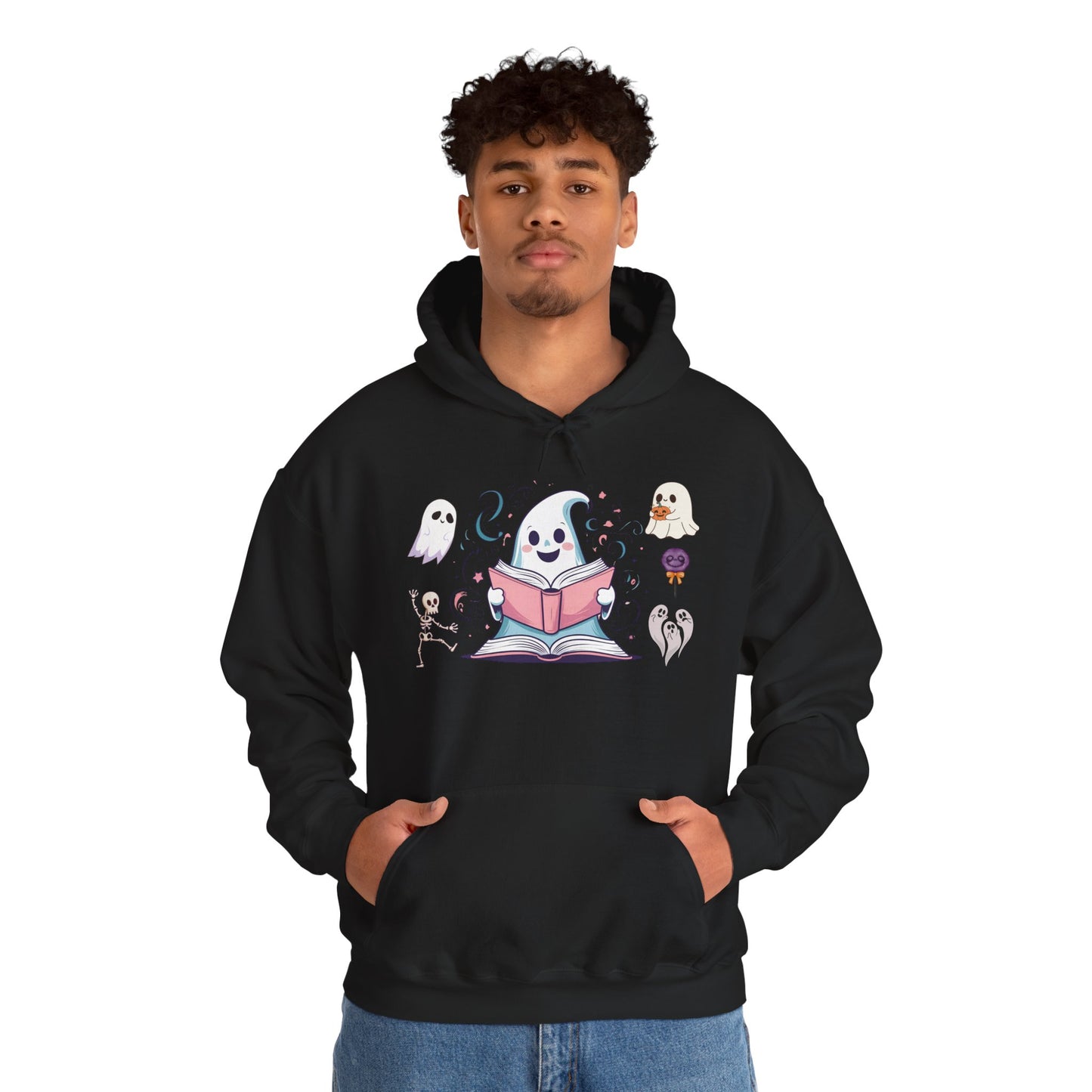 Cute Ghost Reading Hoodie – Whimsical Halloween Sweatshirt for Book Lovers