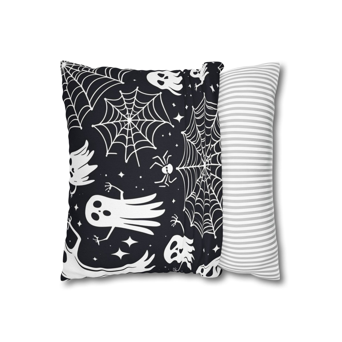 Spooky Halloween Ghost Pillow Cover – Black Throw Pillow with Spiderwebs & Cute Ghosts – Haunted House Decor for Halloween Couch or Bed