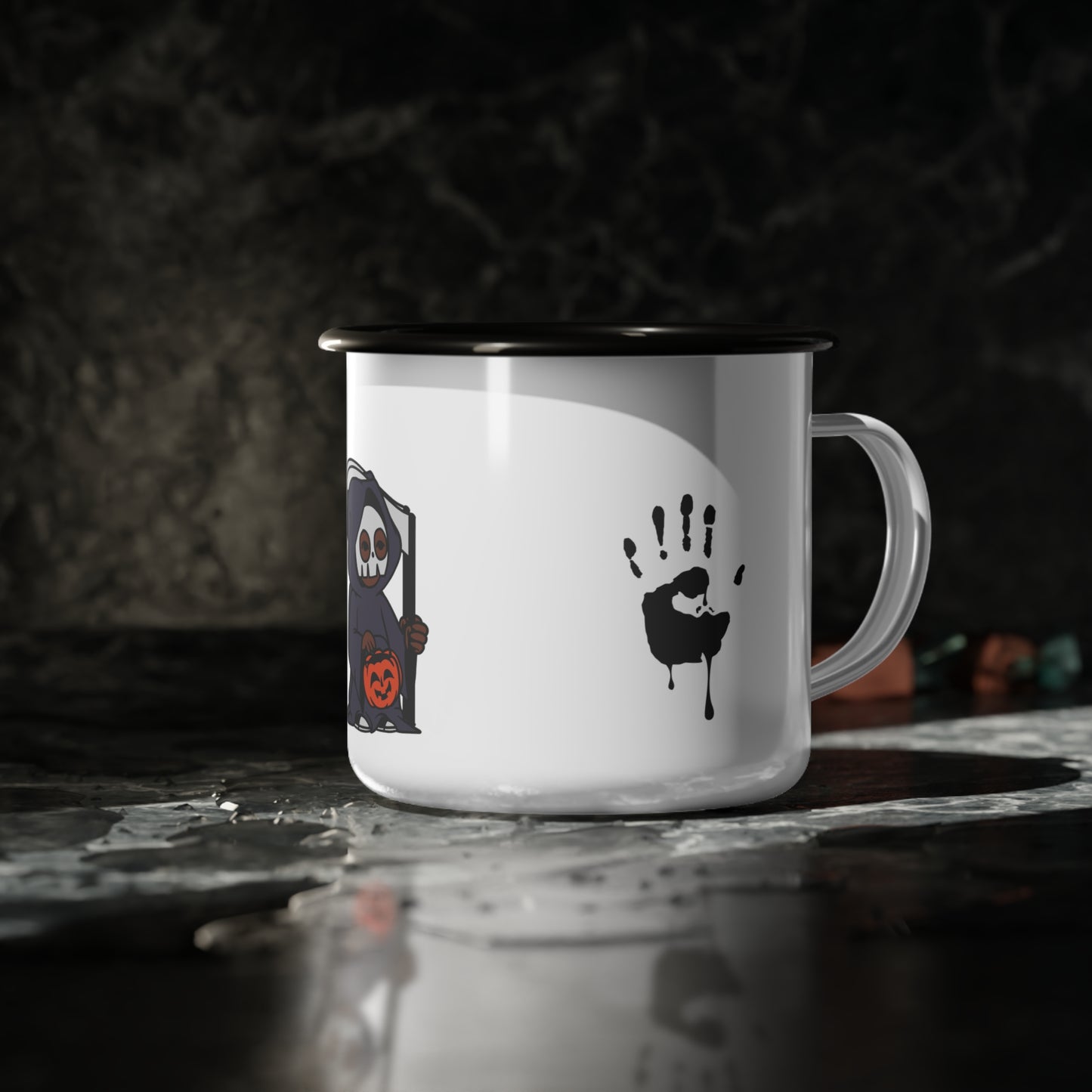 Friendly Grim Reaper Enamel Camp Cup – Whimsical Halloween Design