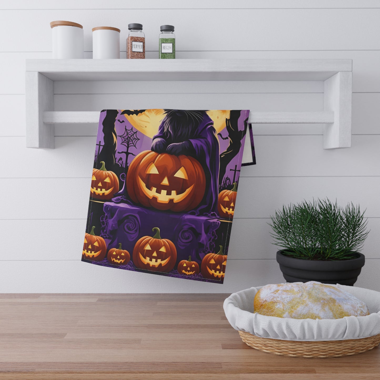 Black Cat Halloween Tea Towel – Witch Hat, Pumpkins, and Full Moon Design