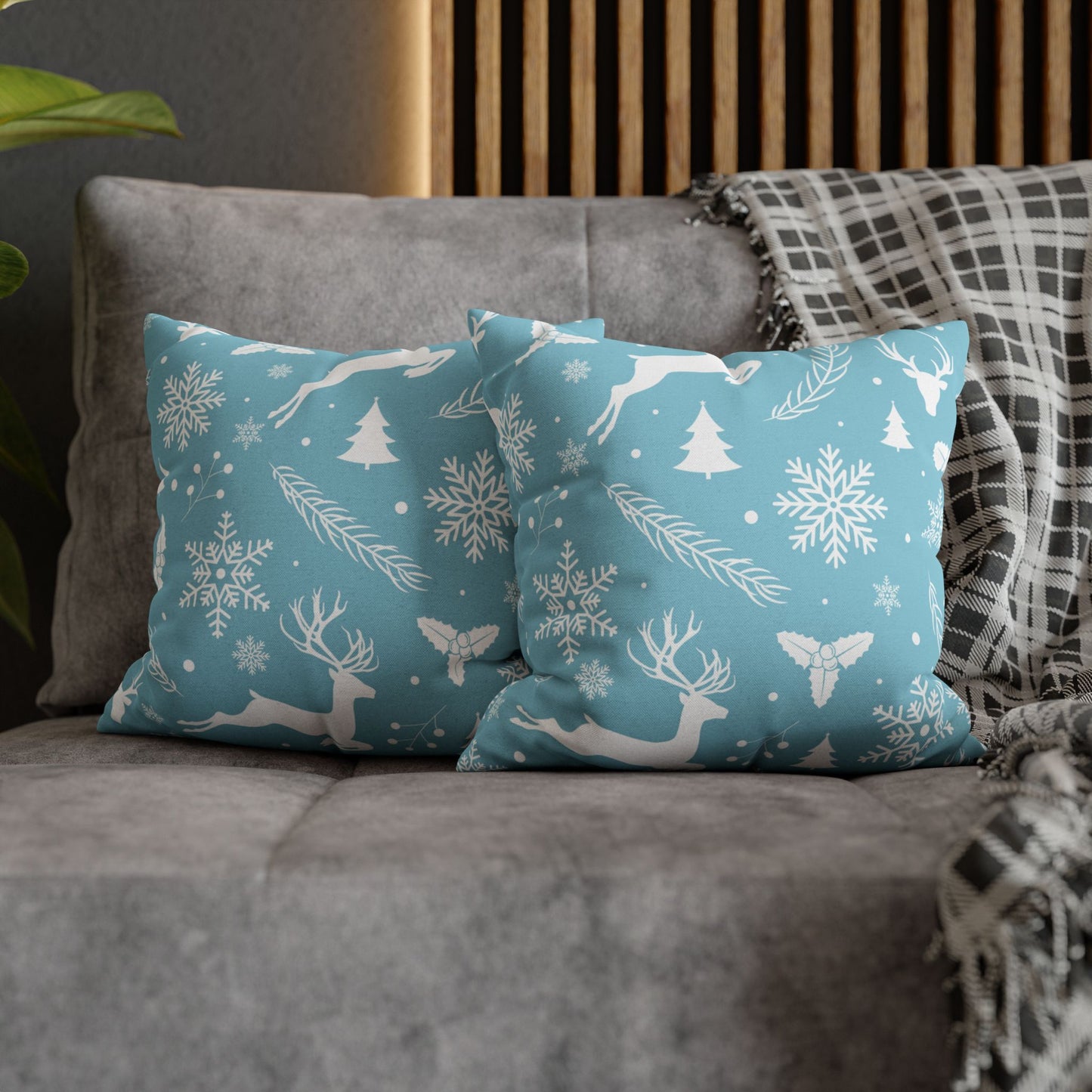 Winter Reindeer Throw Pillow - Holiday Snowflake Cushion Cover - Christmas Pine Tree Decorative Pillow - Cozy Seasonal Home Decor