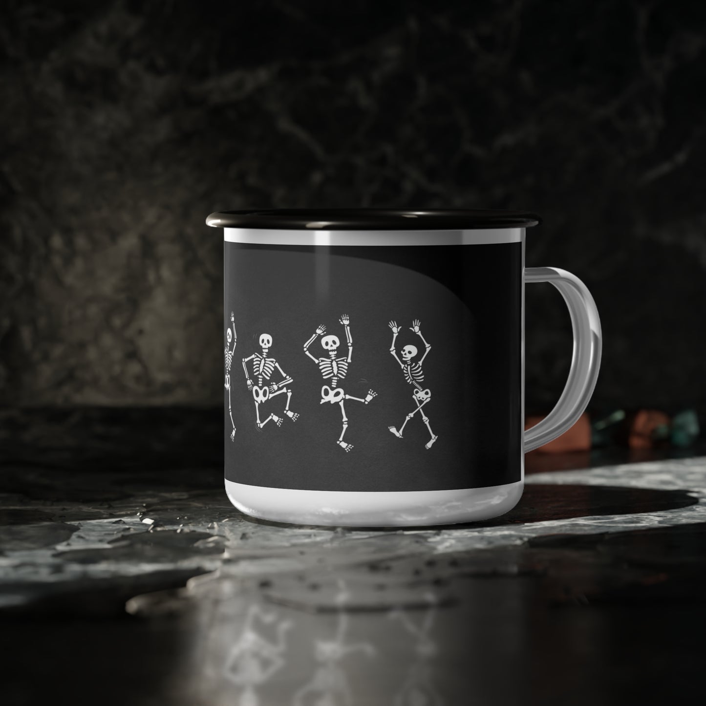 Dancing Skeletons Enamel Camp Cup – Whimsical Halloween Design