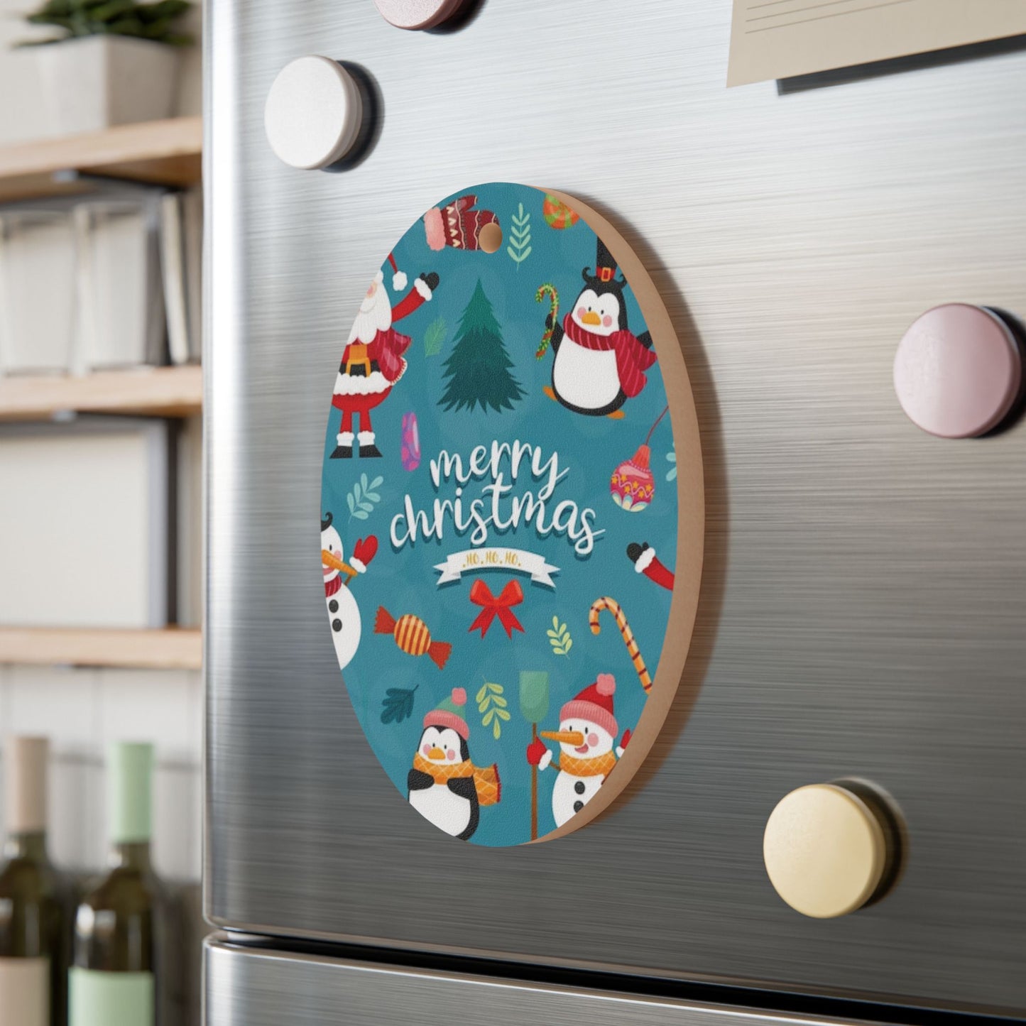 Wooden Ornament – Blue Christmas Stocking with Santa, Snowman & Penguin – Magnetic Holiday Decor with Ribbon
