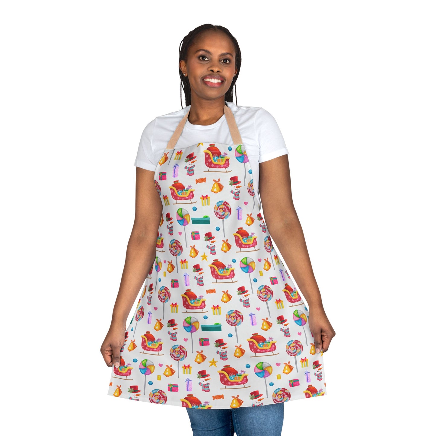 Whimsical Christmas Apron with Candy Swirls, Sleighs, and Festive Designs