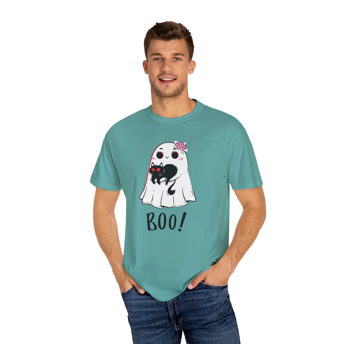 BOO Buddies Tee – Ghost & Cat Duo with Floral Charm
