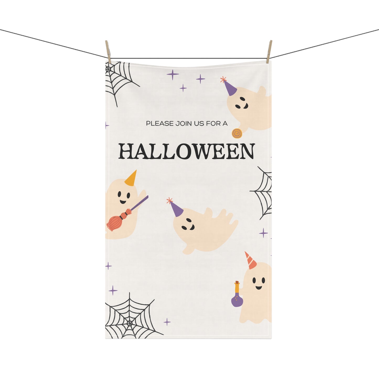 Halloween Party Ghosts Tea Towel – Whimsical Spider Web and Stars Design