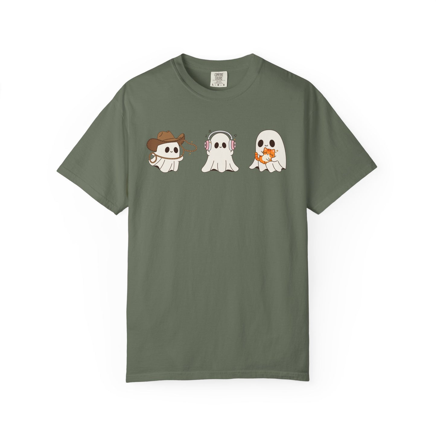 Halloween Ghost Trio T-Shirt – Purple Unisex Tee for Spooky Season & Costume Parties
