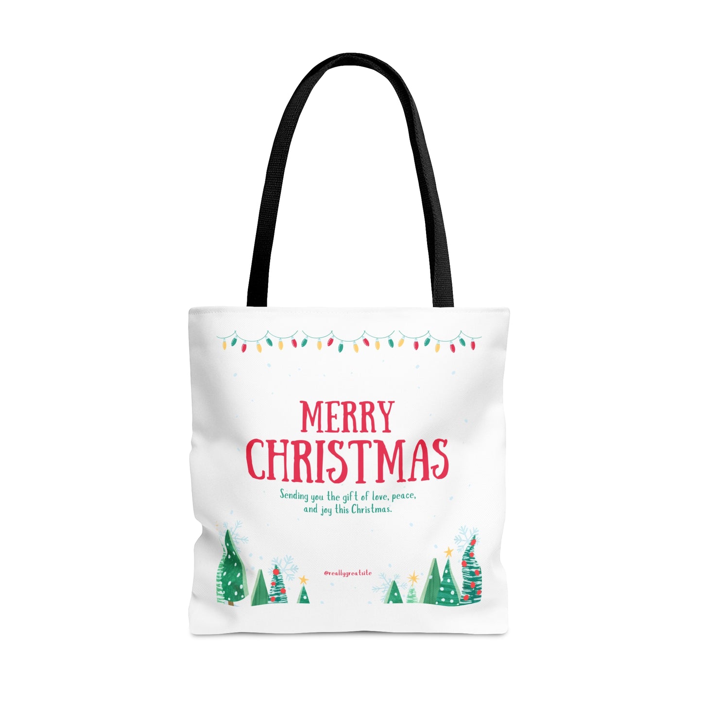 Tote Bag – “MERRY CHRISTMAS” with Lights, Tree Row & Holiday Message – Gift for Festive Errands & Seasonal Cheer