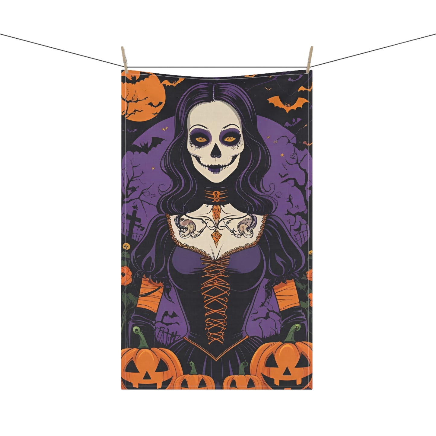 Tattooed Skeleton Halloween Tea Towel – Spooky Graveyard Design