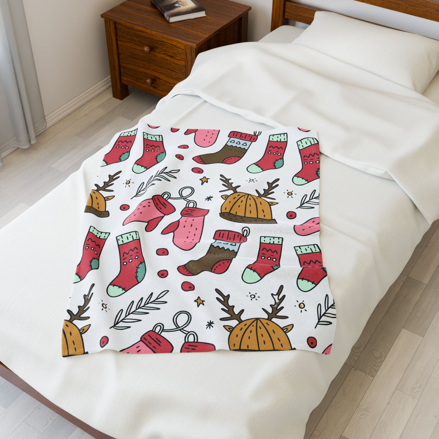 Holiday Print Velveteen Plush Blanket – Reindeer, Mittens & Stockings Design