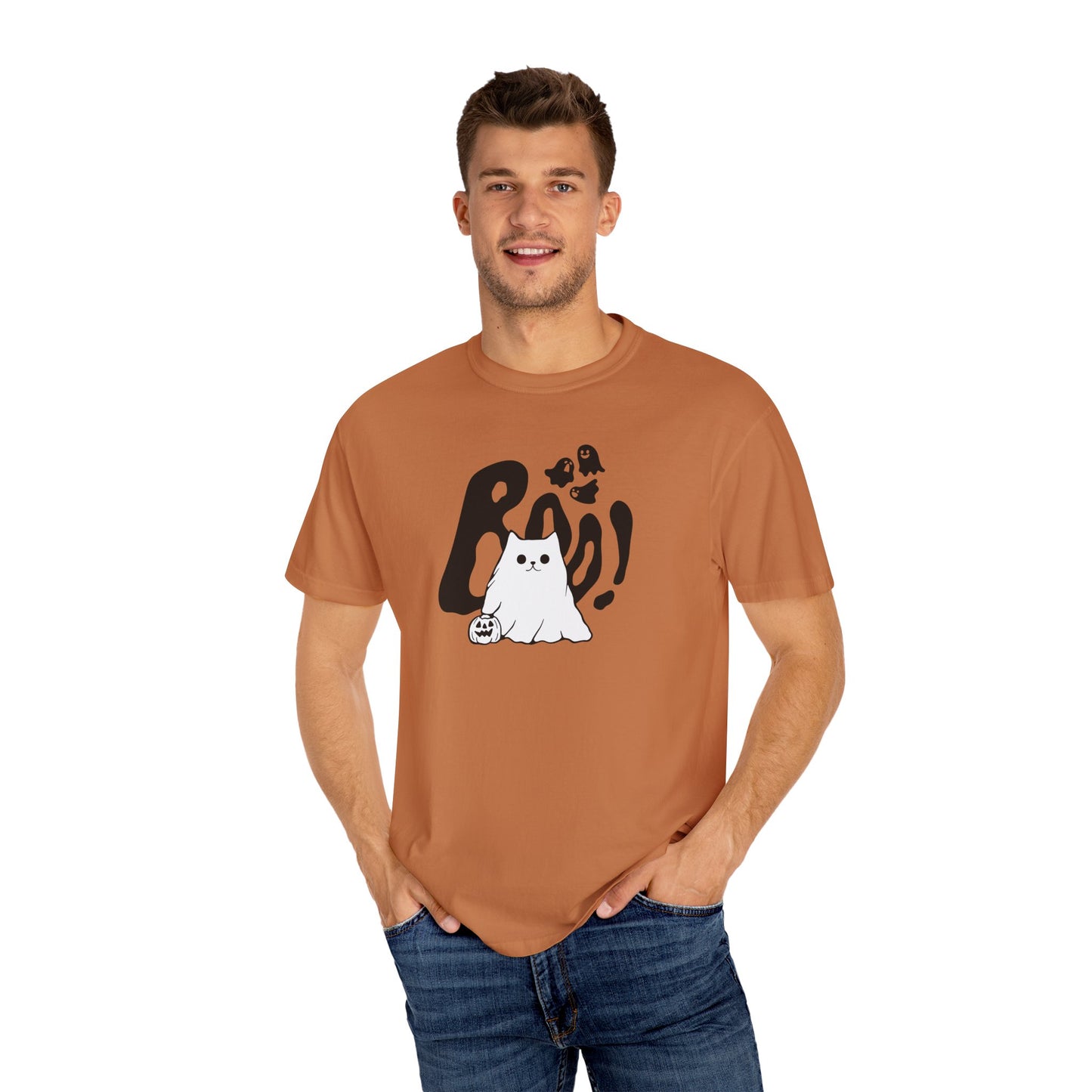 BOO Ghost Cat T-shirt– Pumpkin Purrfection for Halloween