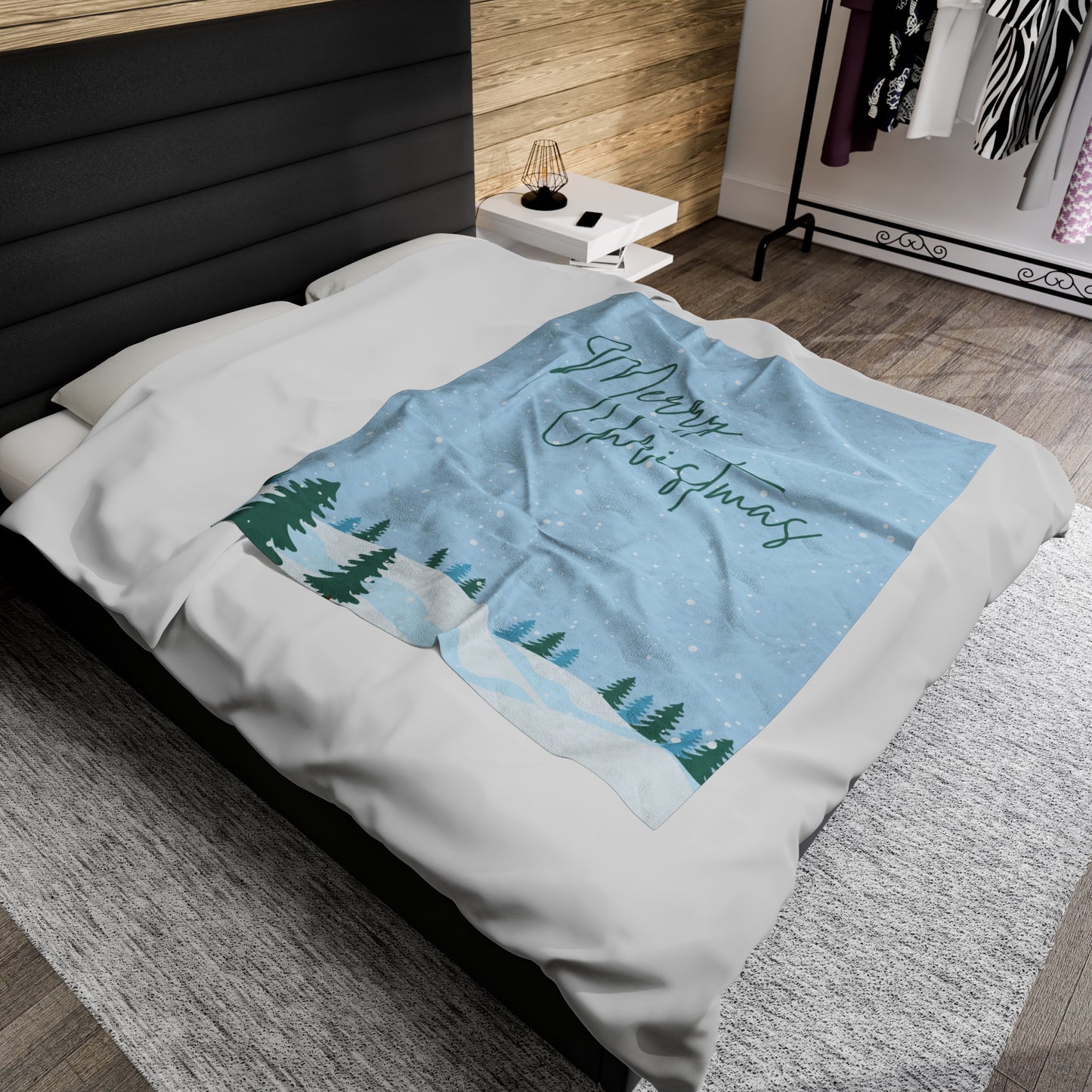 Merry Christmas Printed Velveteen Plush Blanket, Sky Blue