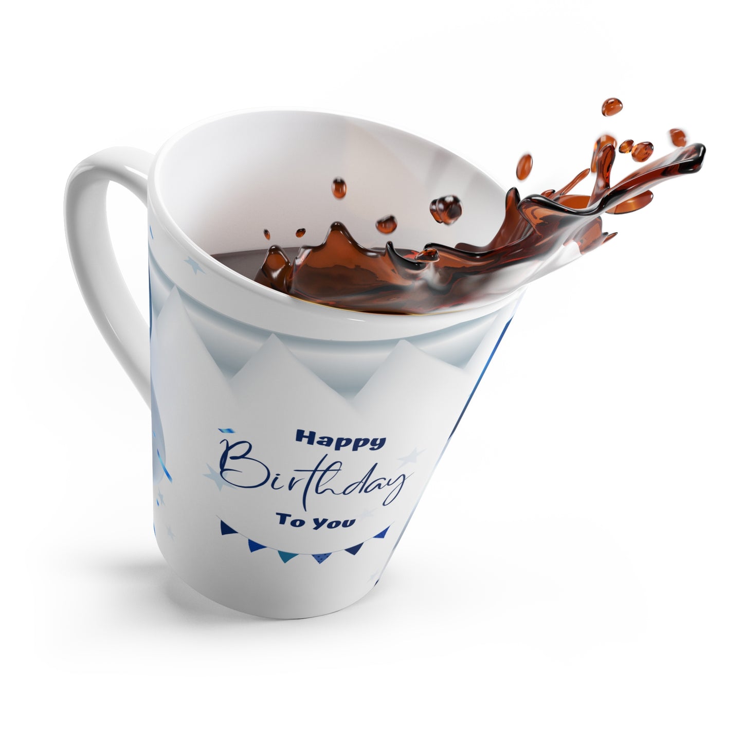 Happy Birthday Latte Mug – Blue Balloon & Banner Design, Ceramic Coffee Cup Gift