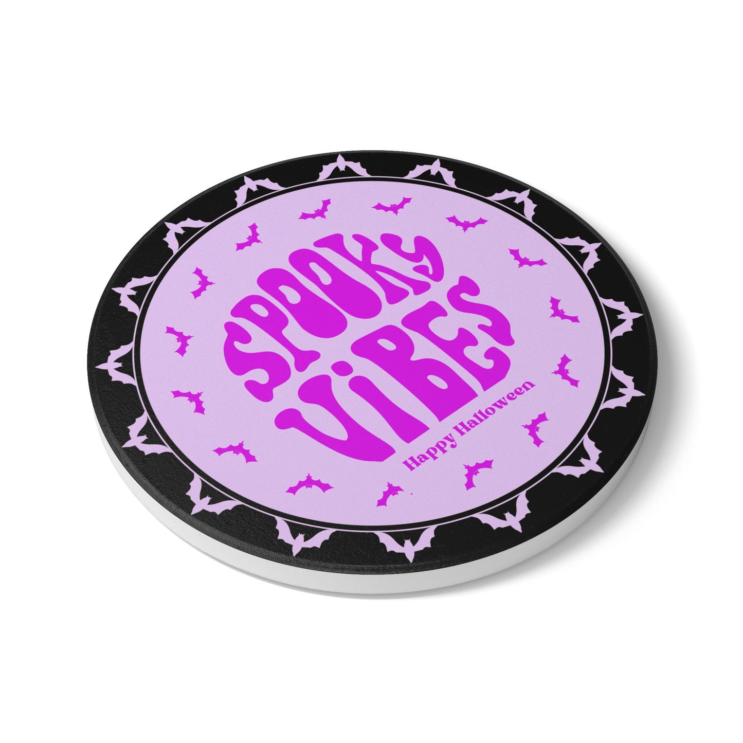 Spooky Vibes Halloween Ceramic Coaster – Festive Purple Drink Accessory