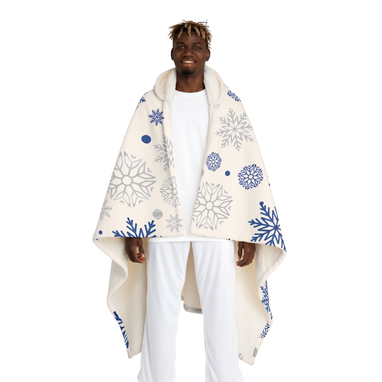 Sherpa Hooded Blanket – Cream with Blue Snowflakes & Christmas Tree – “Merry Christmas” Winter Gift