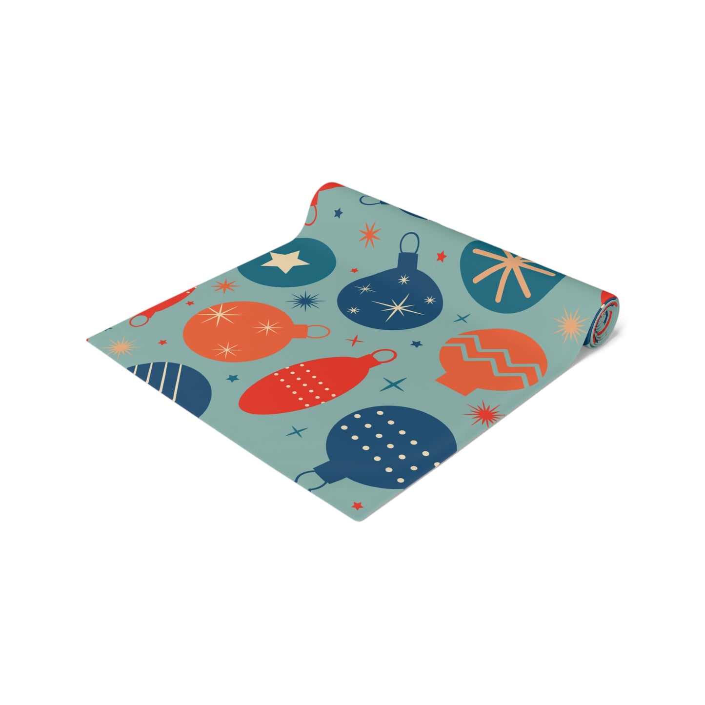 Christmas Ornament Pattern Table Runner – Festive Red, Orange & Blue Holiday Decor