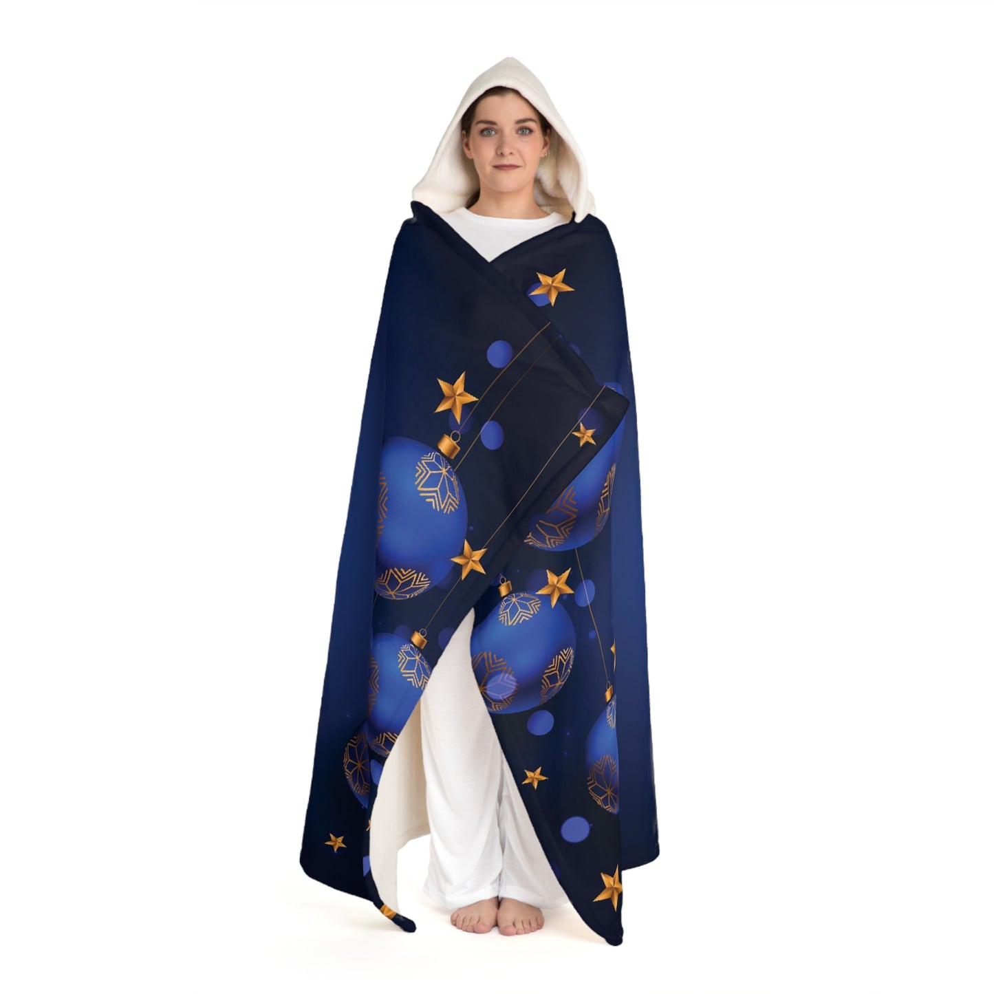 Sherpa Hooded Blanket – Dark Blue with Gold Ornaments & “Merry Christmas Happy New Year” Text – Cozy Holiday Gift