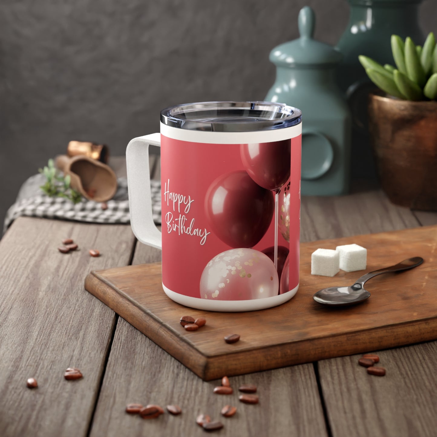 Happy Birthday Travel Mug – Stainless Steel Insulated Cup with Handle & Balloon Design, 10oz