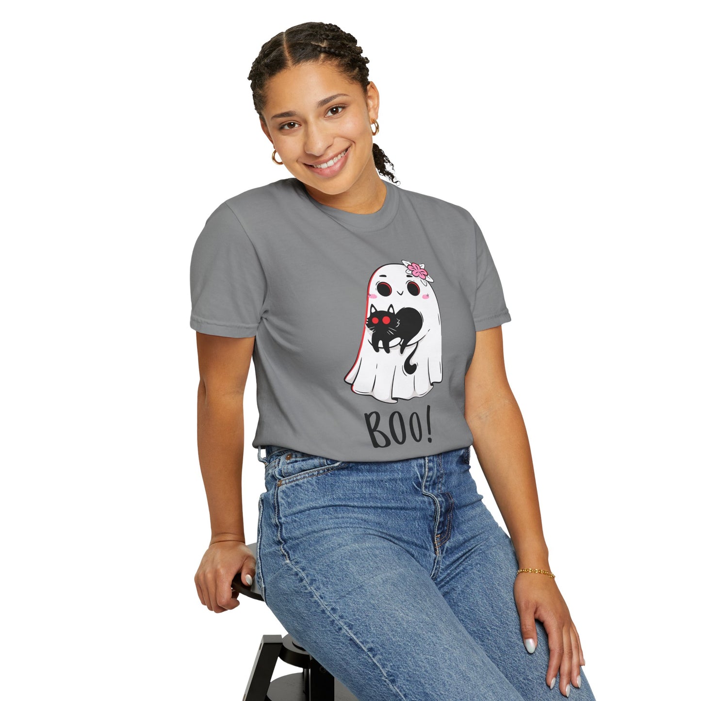 BOO Buddies Tee – Ghost & Cat Duo with Floral Charm