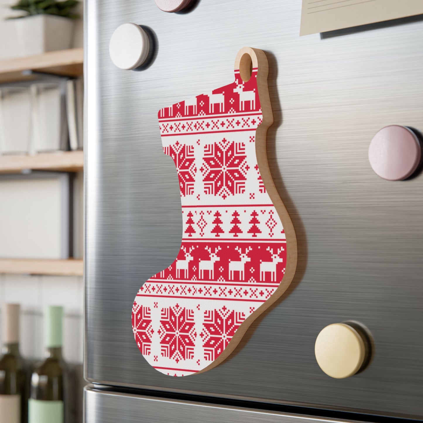 Nordic Bell-Shaped Wooden Ornament – Red & White Reindeer Pattern – Magnetic Holiday Decor with Ribbon