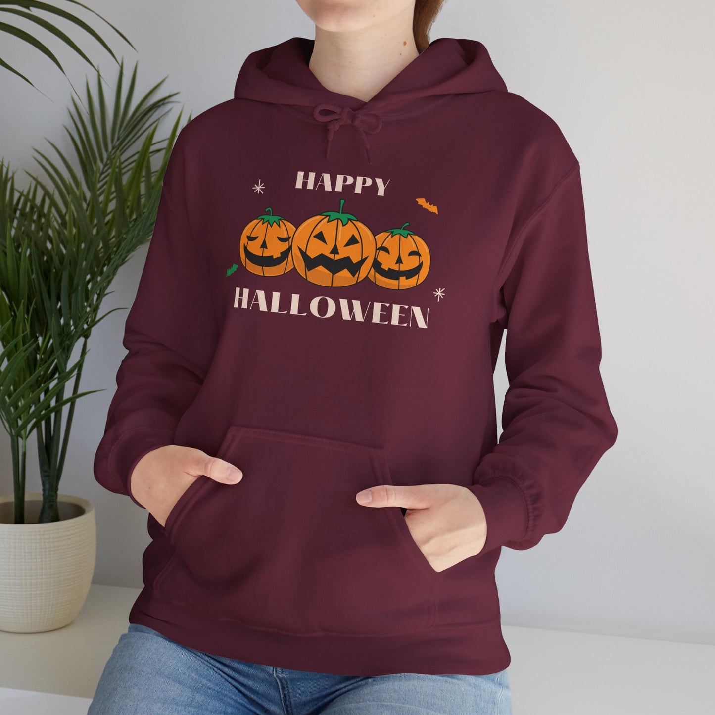 Happy Halloween" Pumpkin Trio Hoodie – Festive & Cozy for Spooky Season