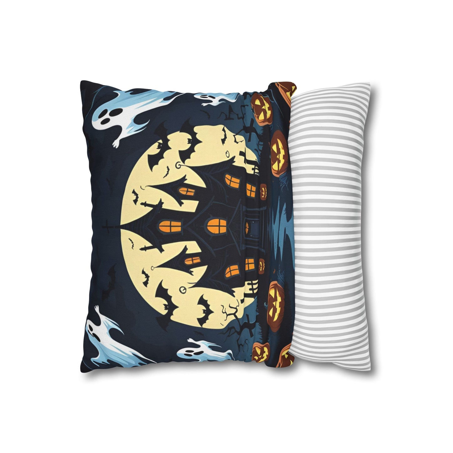 Haunted House Halloween Pillowcase with Ghosts, Bats & Pumpkins – Spooky Throw Pillow Cover for Halloween Home Decor