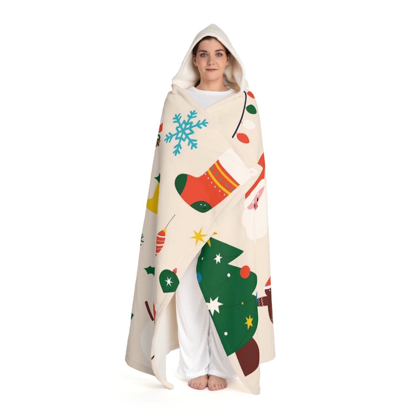 Sherpa Hooded Blanket – Cream Christmas Design with Santa, Gingerbread & Snowflakes – Cozy Winter Gift