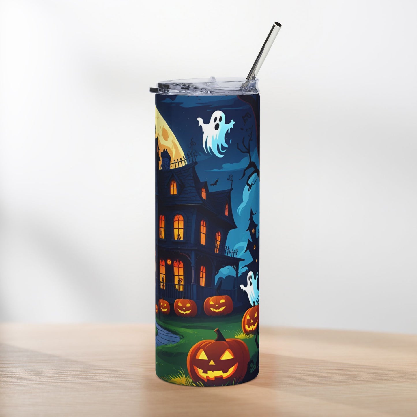 Haunted House Halloween Tumbler with Straw – Spooky Night Design