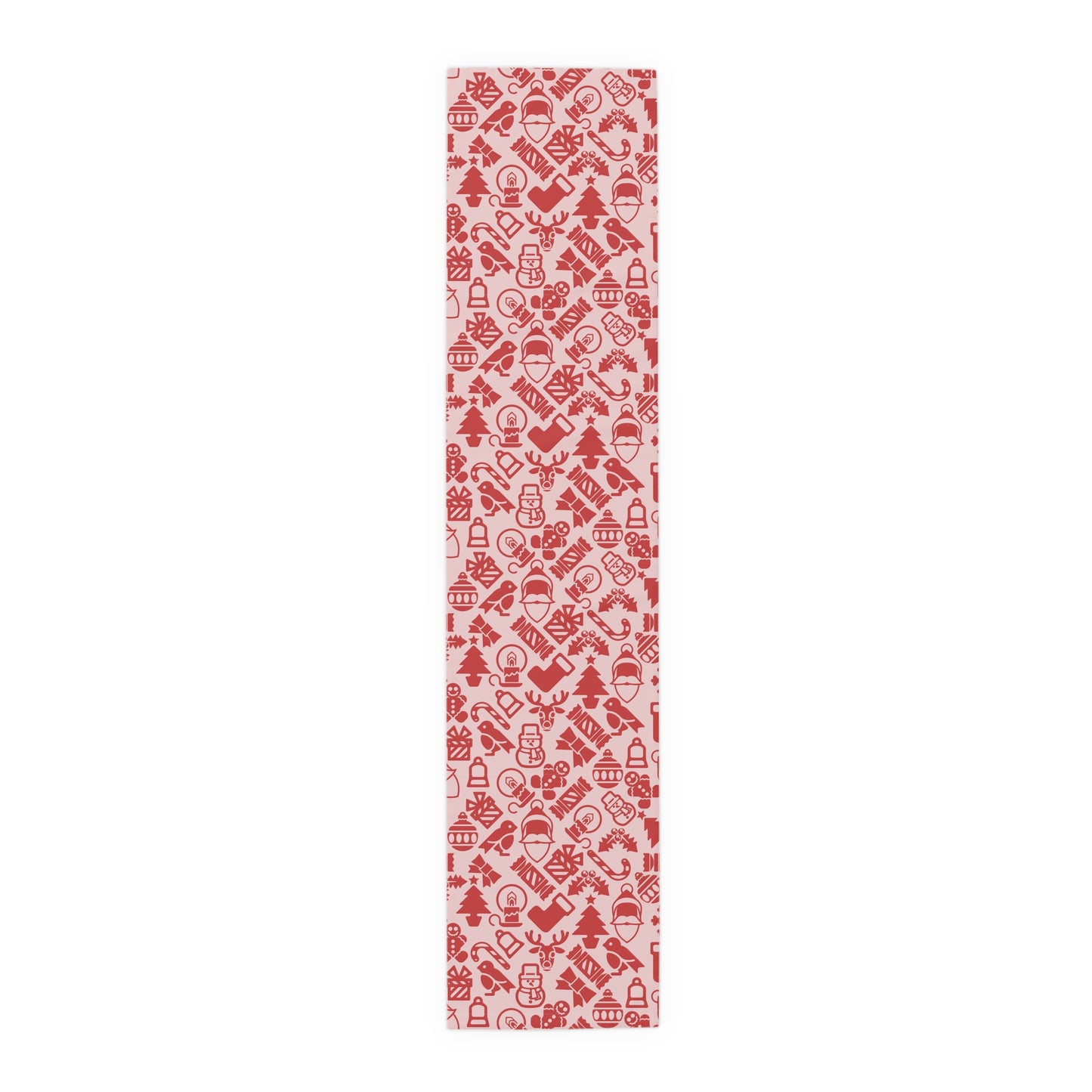 Christmas Table Runner, Red Holiday Icons Pattern, Trees Snowmen Ornaments Candy Canes and Presents, Light Background Festive Decor
