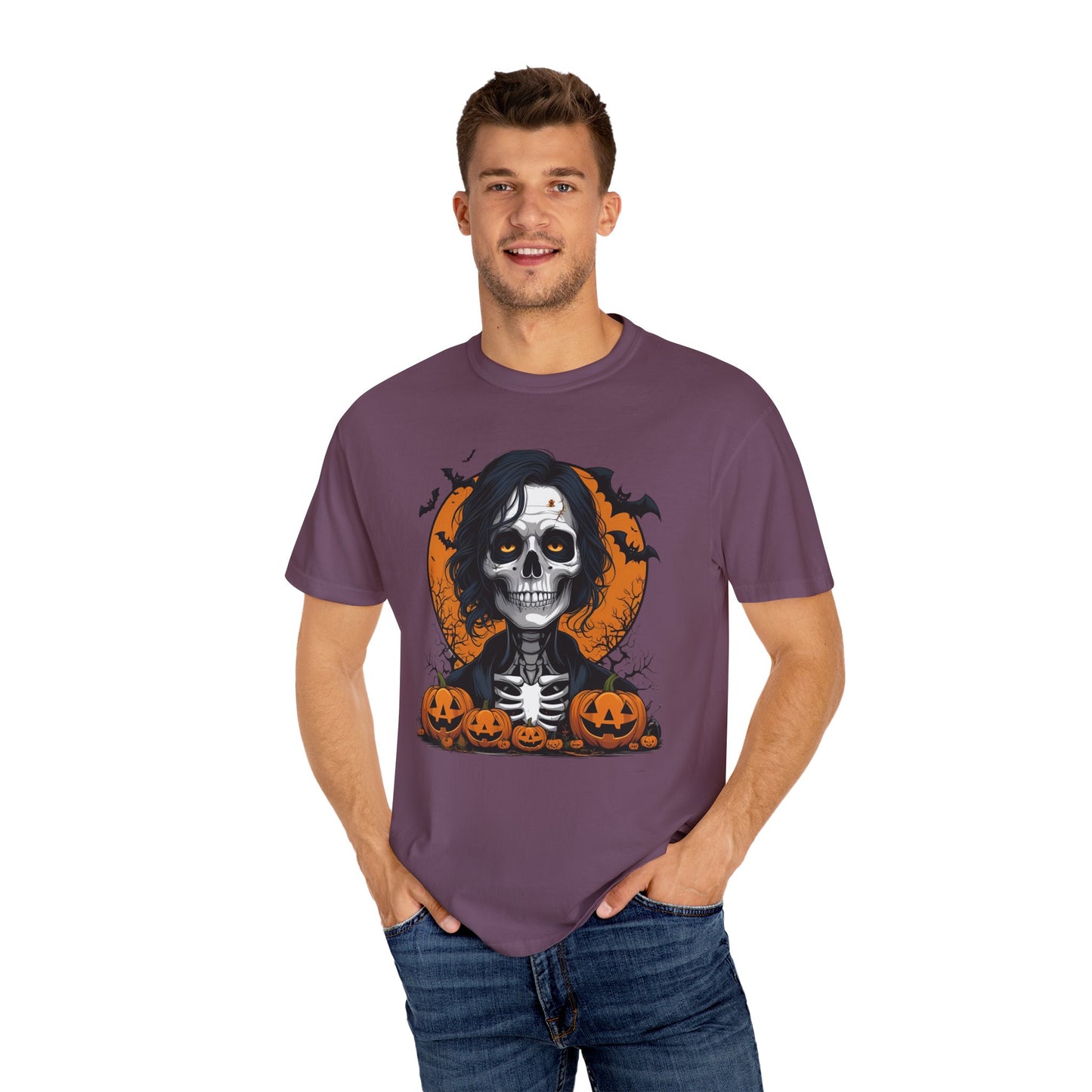 Haunted Skeleton Boy Halloween T-Shirt – Gothic Pumpkin Patch Graphic Tee, Spooky Undead Horror Shirt for Men & Women