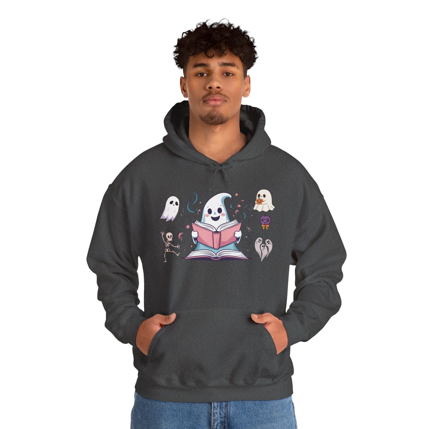 Cute Ghost Reading Hoodie – Whimsical Halloween Sweatshirt for Book Lovers