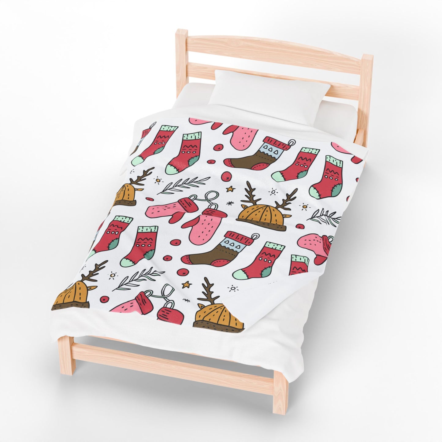 Holiday Print Velveteen Plush Blanket – Reindeer, Mittens & Stockings Design