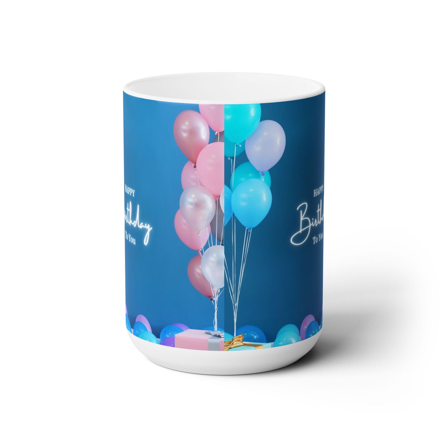 Happy Birthday Printed Ceramic Mugs, Blue, 15oz
