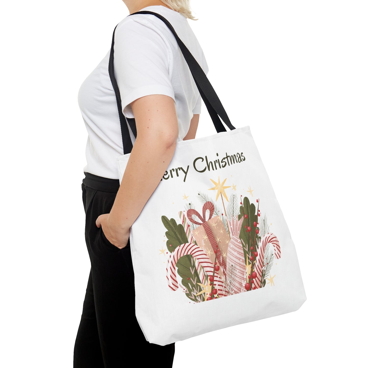 Christmas Tote Bag with “Merry Christmas” Gift Design – Durable All-Over Print Holiday Carryall in 3 Sizes