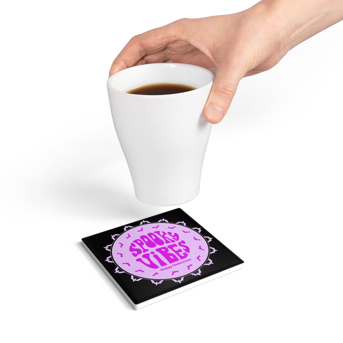 Spooky Vibes Halloween Ceramic Coaster – Festive Purple Drink Accessory