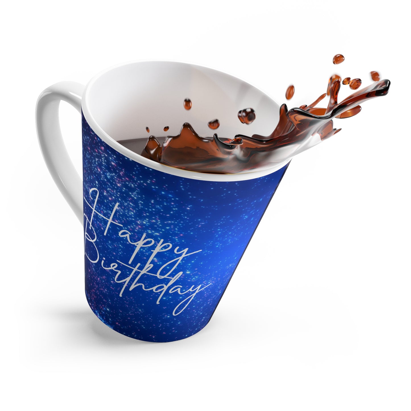 Happy Birthday Latte Mug – Blue Galaxy Ceramic Coffee Cup, 12oz Gift for Coffee Lovers