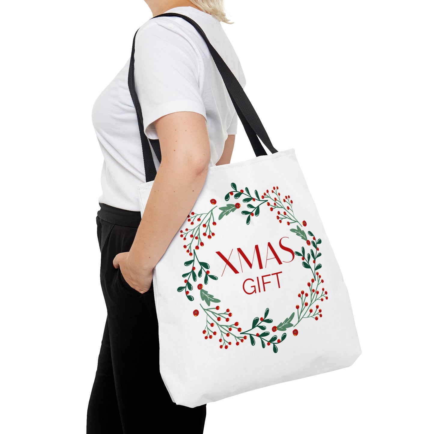 Christmas Tote Bag with “XMAS GIFT” Wreath Design – Durable All-Over Print Holiday Carryall in 3 Sizes