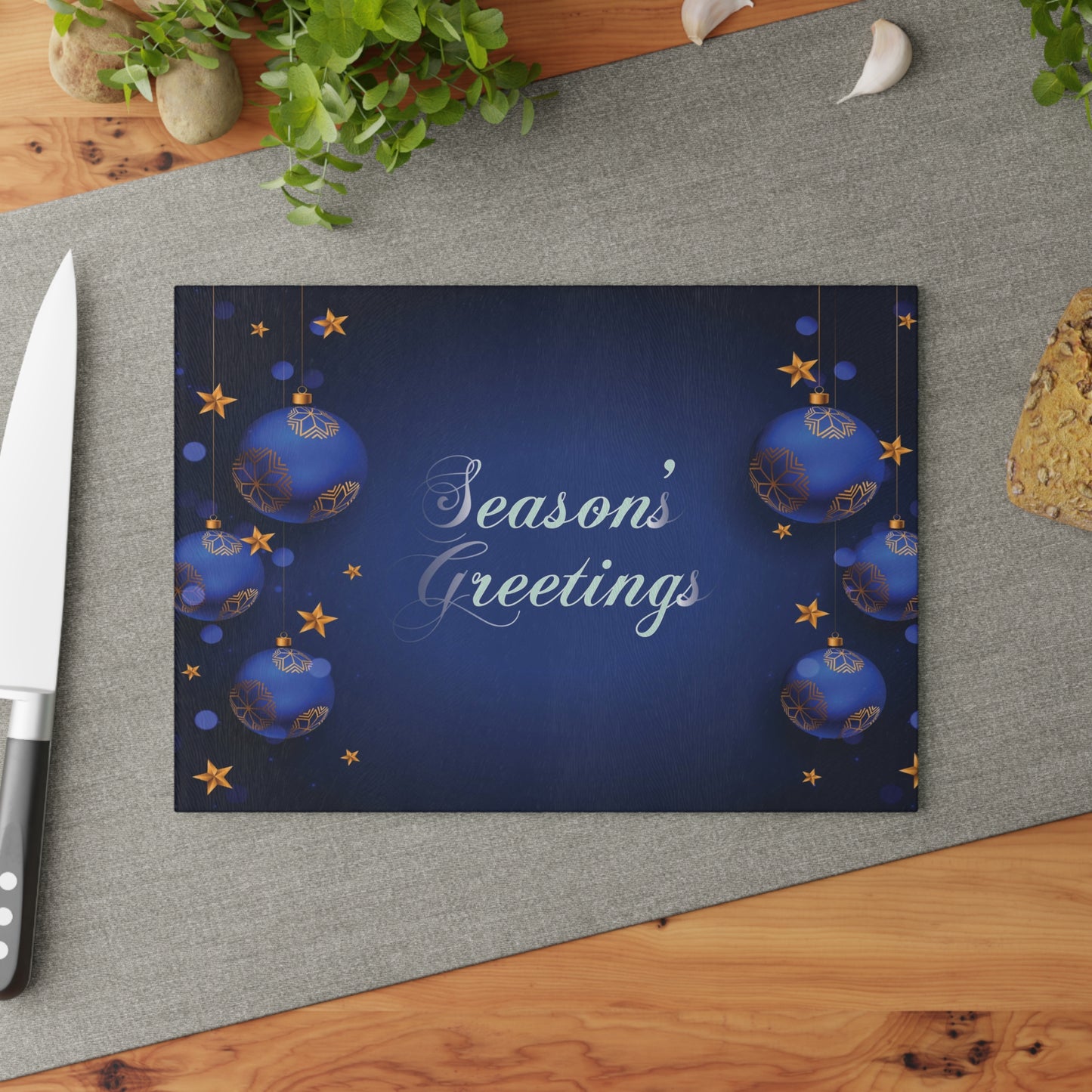 Season's Greetings Glass Cutting Board, Blue