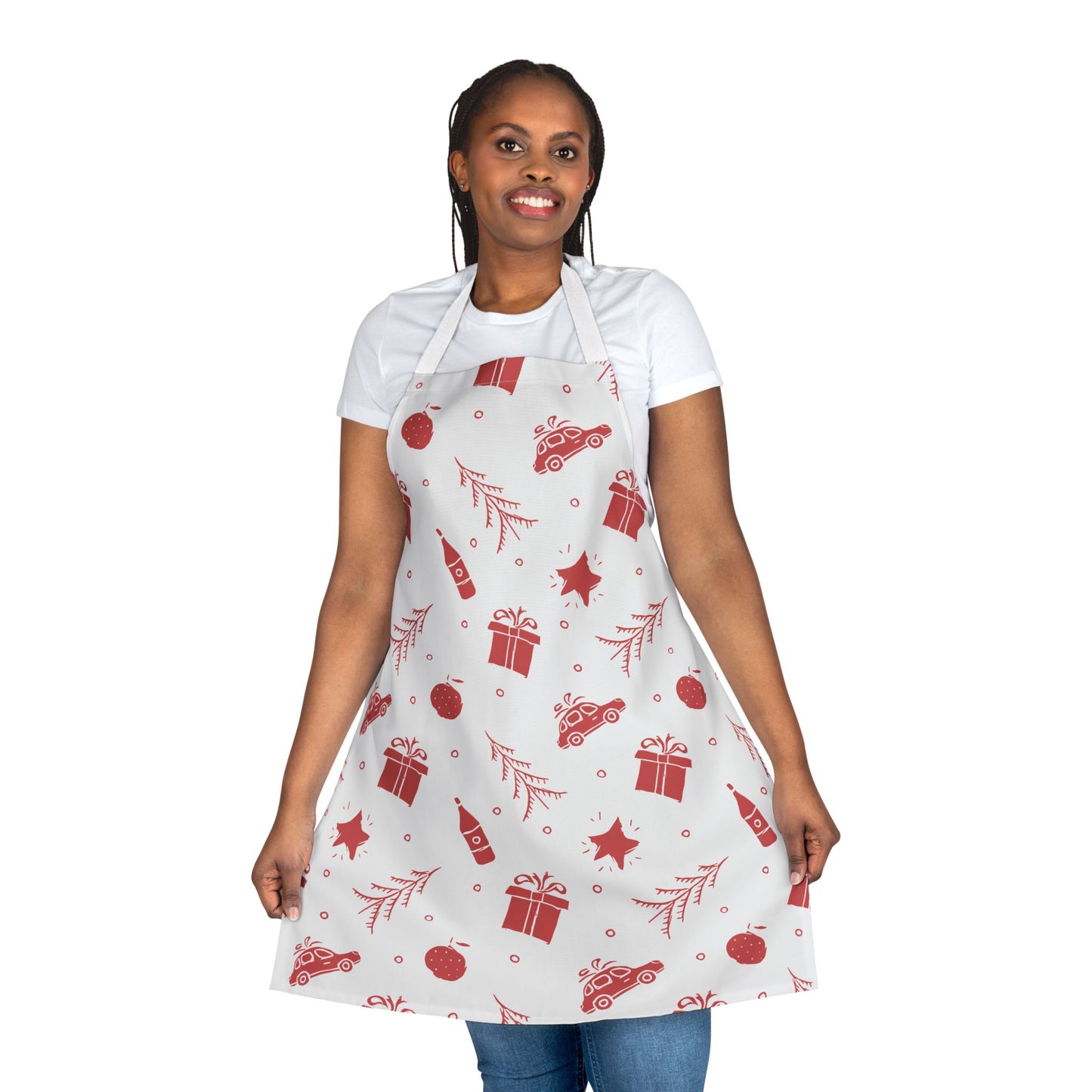 White Christmas Apron with Red Holiday Illustrations and Festive Motifs