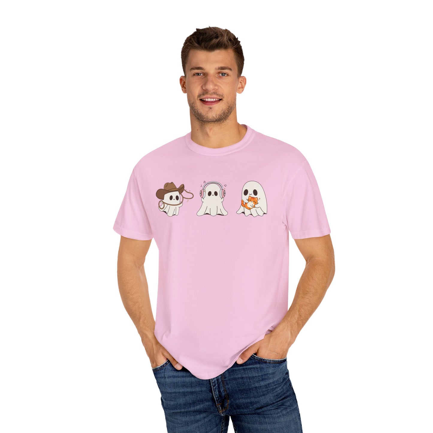 Halloween Ghost Trio T-Shirt – Purple Unisex Tee for Spooky Season & Costume Parties
