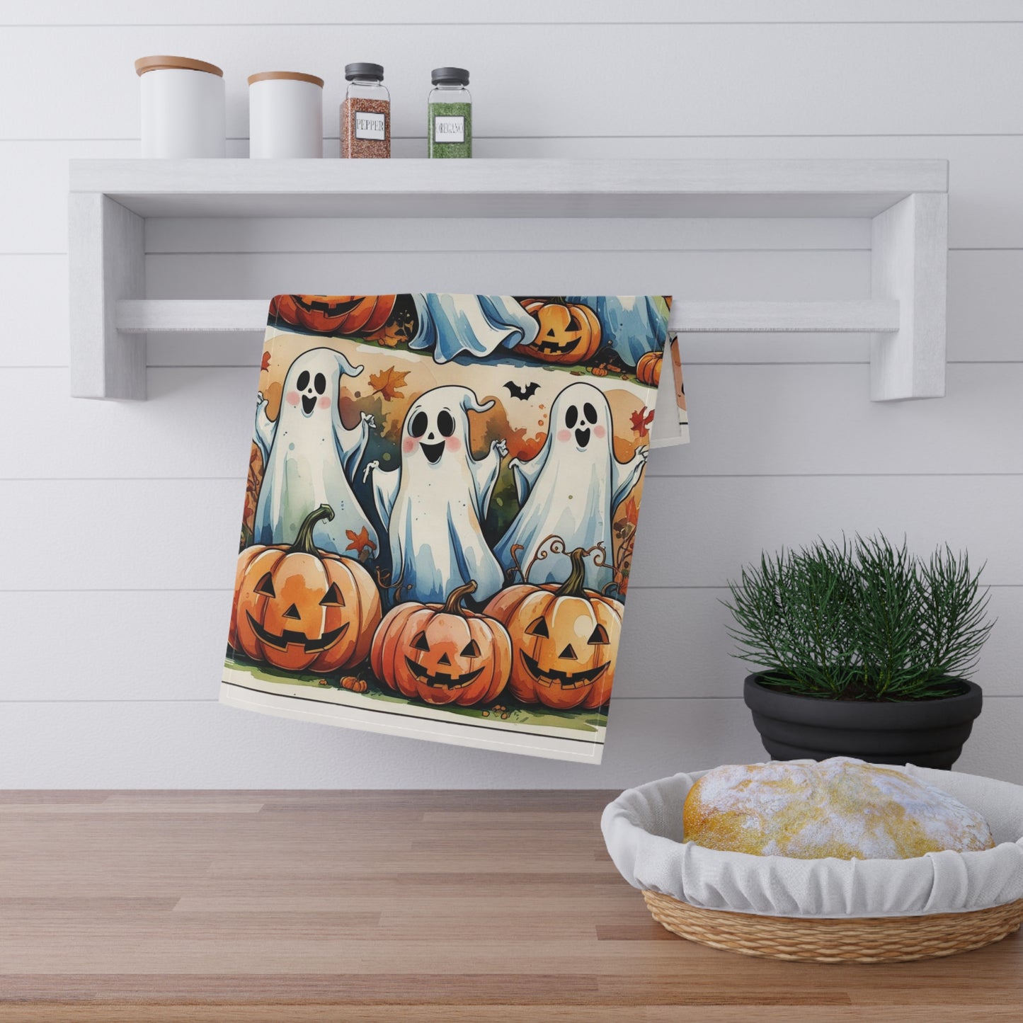 Playful Ghosts Halloween Tea Towel – Jack-O’-Lanterns and Autumn Leaves Design