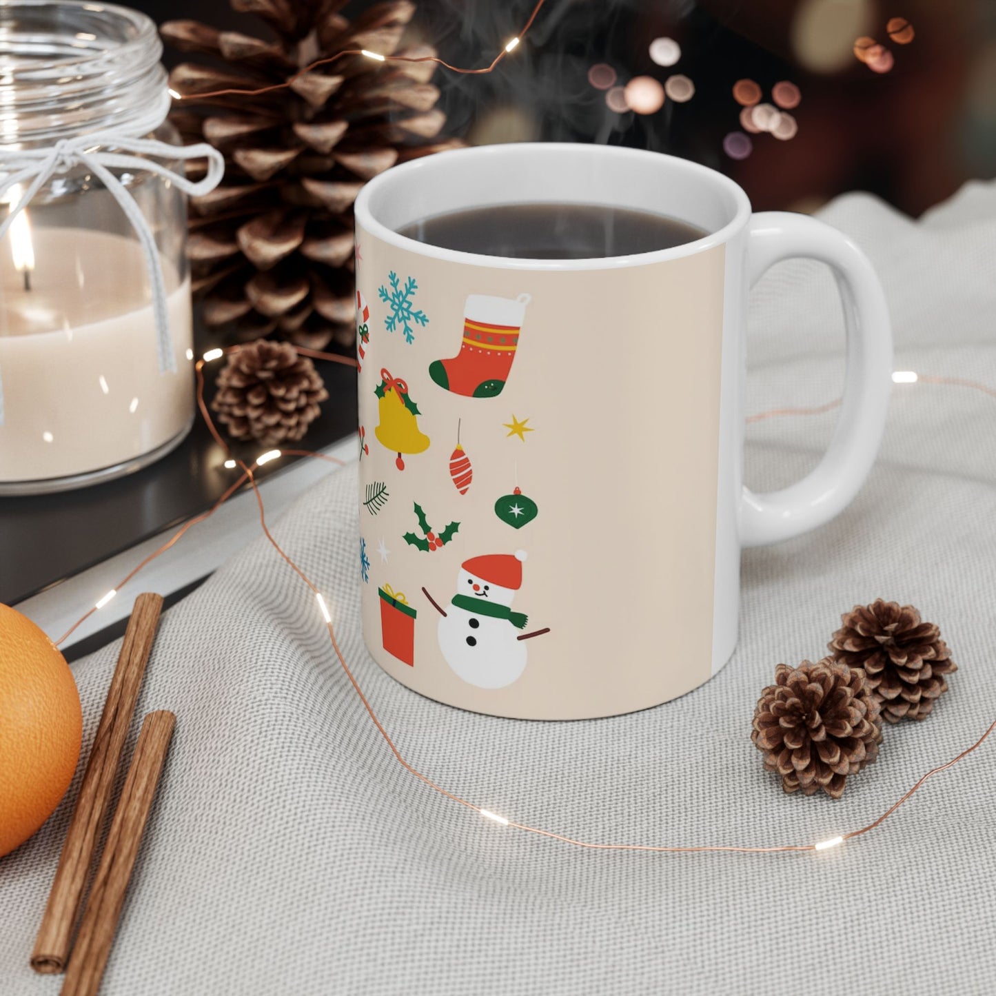 Ceramic Mug – Christmas Icons with Santa, Gingerbread Men & Wreaths – 11oz Festive Gift for Coffee & Cocoa Lover