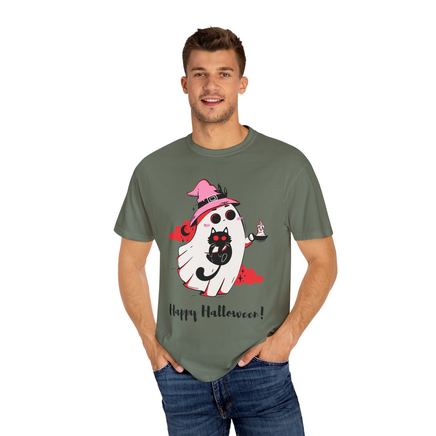 Ghostly Glam T-Shirt - Witchy Whimsy with Cat Companion