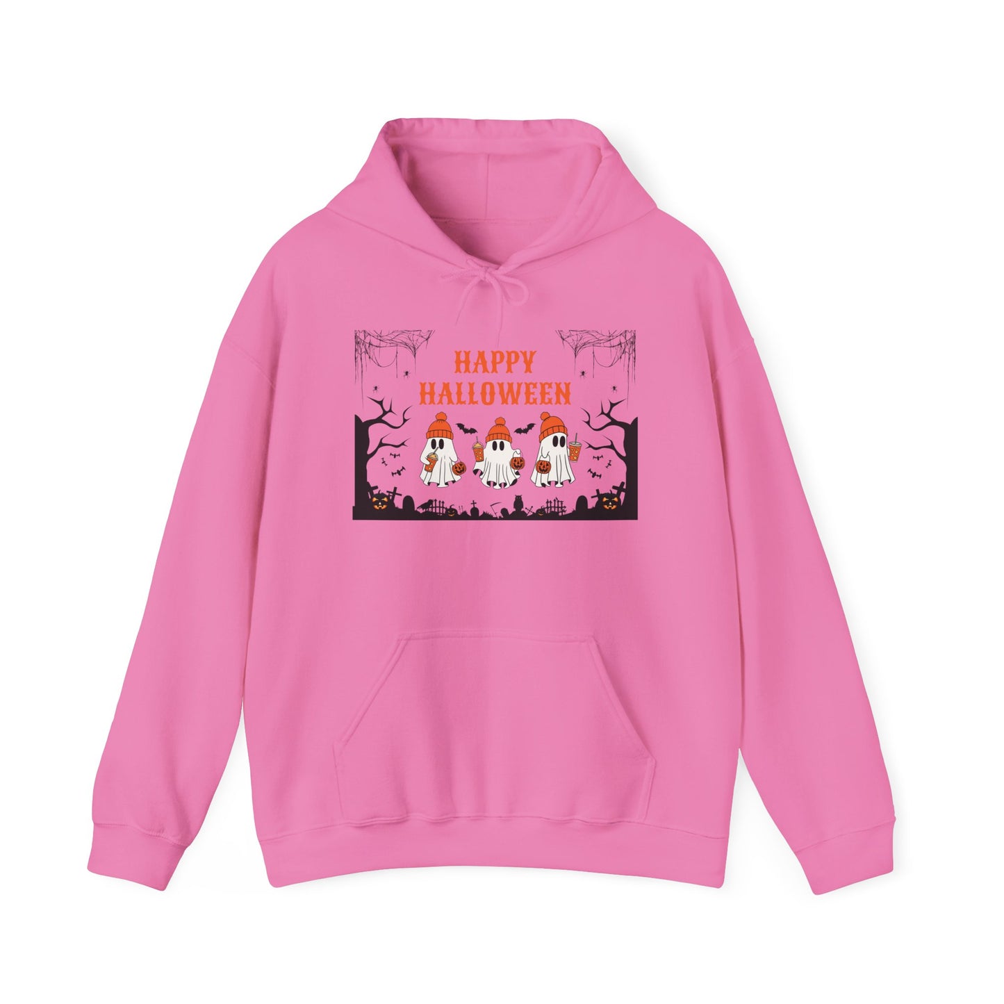Happy Halloween” Ghost Hoodie – Pumpkin Parade in Haunted Forest