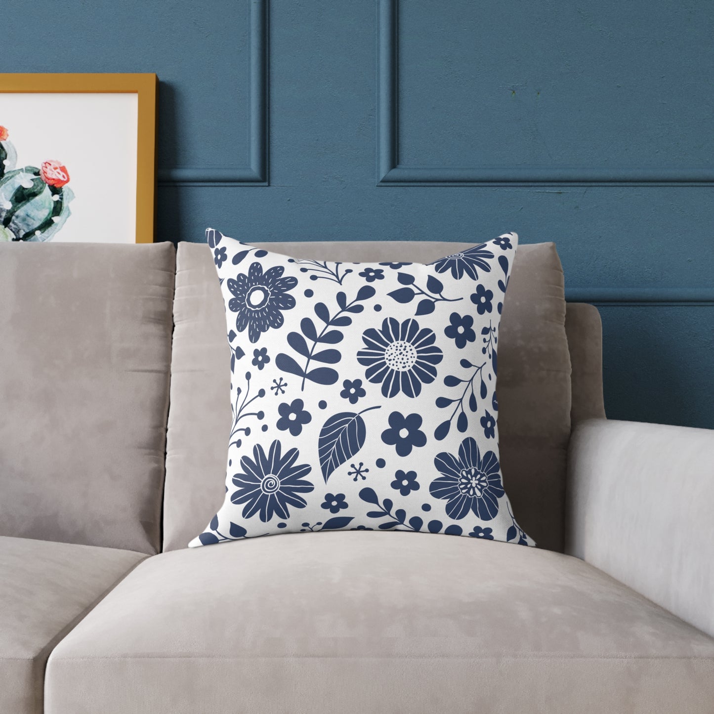 Blue Floral Throw Pillow – Minimalist Botanical Cushion