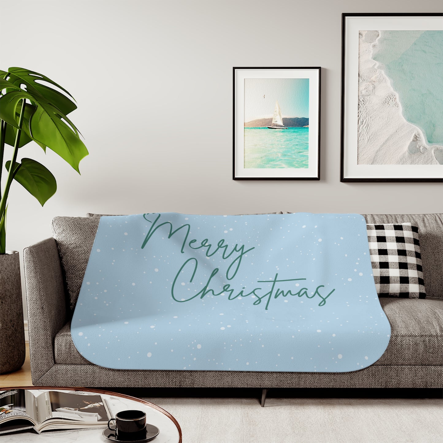 Merry Christmas Printed Sherpa Blanket, Sky Blue